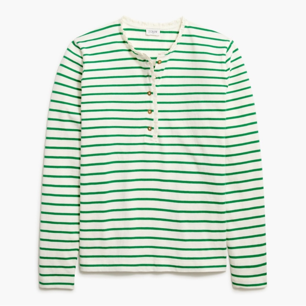 J. Crew Green Striped Ruffle-Collar Long-sleeved Henley - 100% Cotton - Size XXS